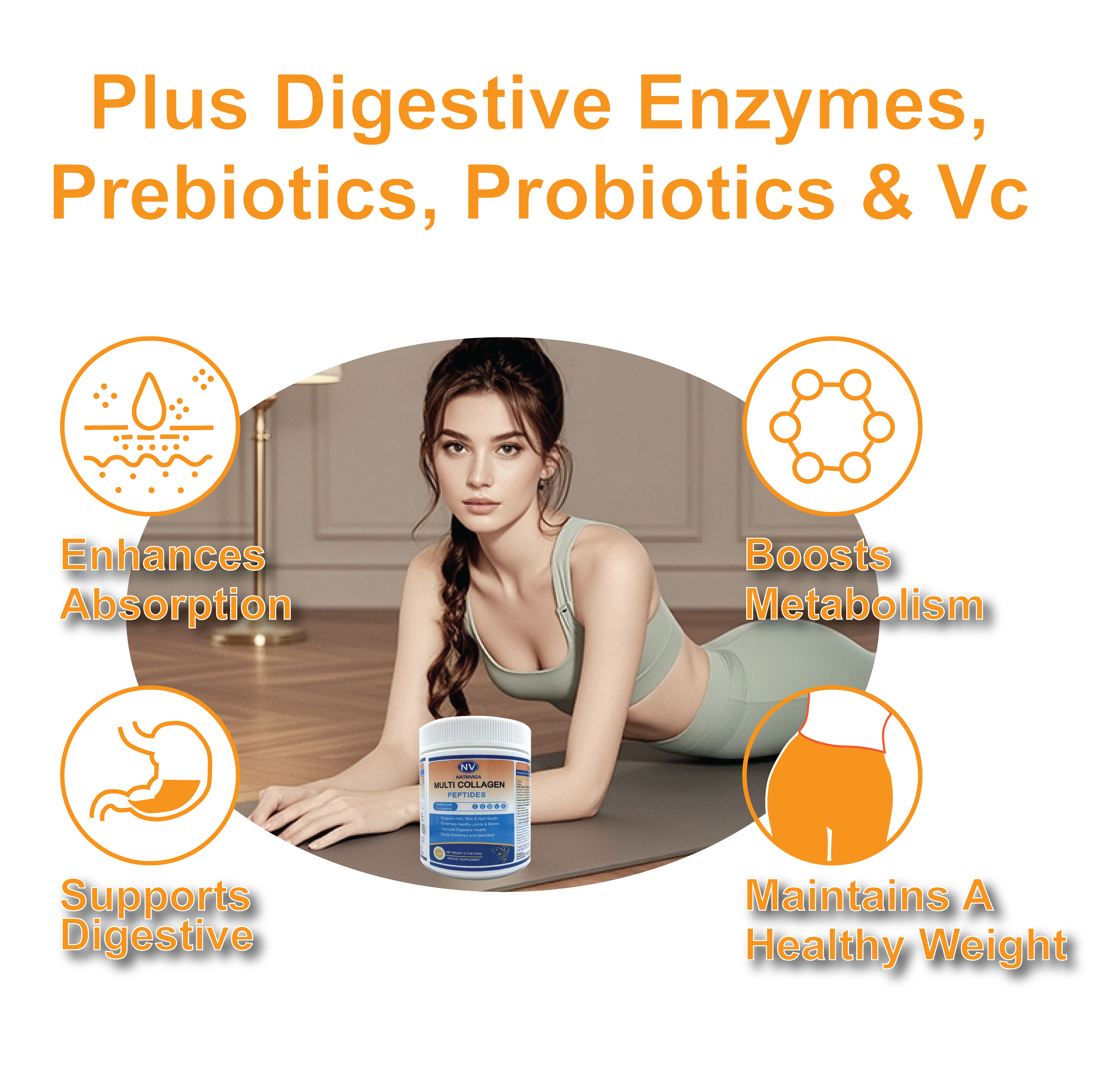 Digestive enzymes, probiotics, prebiotics & vitamin C in Natriviga Mulit Collagen Peptides, supports digestive health