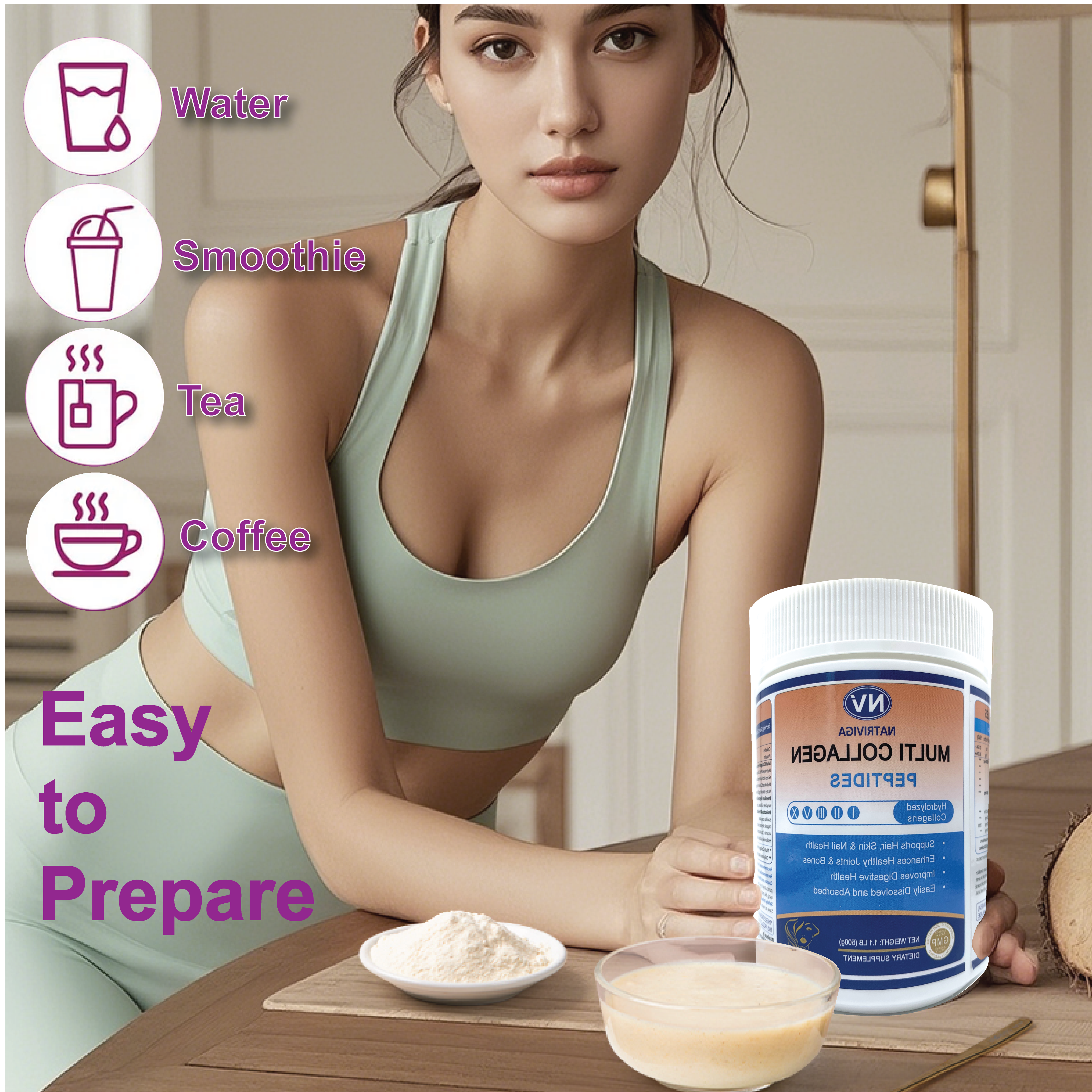 Easy to prepare with water, smoothie, tea, or coffee, Natriviga Multi Collagen Peptides