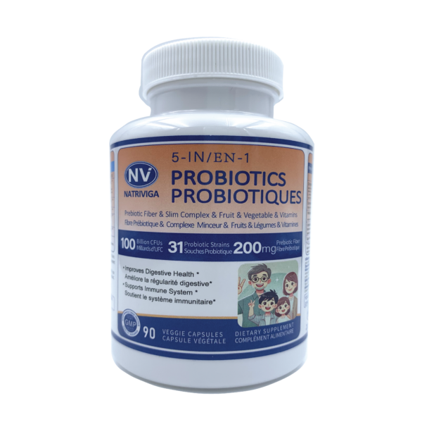 Front label of Natriviga 5-IN-1 Probiotics with 31 strains, prebiotics, and vitamins.