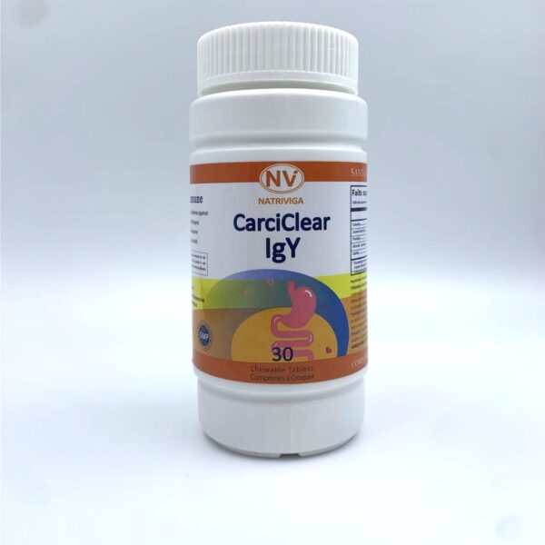 Front label of Natriviga CarciClear IgY Chewable Tablets for immune support.