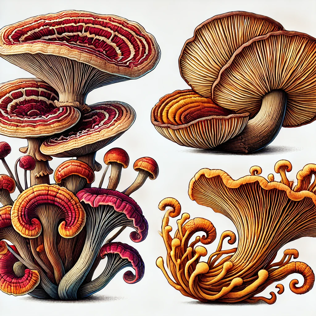Four medicinal mushrooms: Reishi (Ganoderma lucidum), Cordyceps, Lion’s Mane, and Turkey Tail.