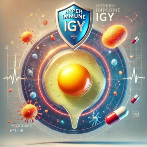An artistic and educational illustration showing the concept of Hyperimmune IgY. The image features a vibrant depiction of an egg yolk with antibodies
