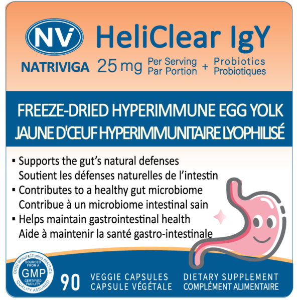Front label of Natriviga HeliClear IgY + Probiotics for gastrointestinal health support.