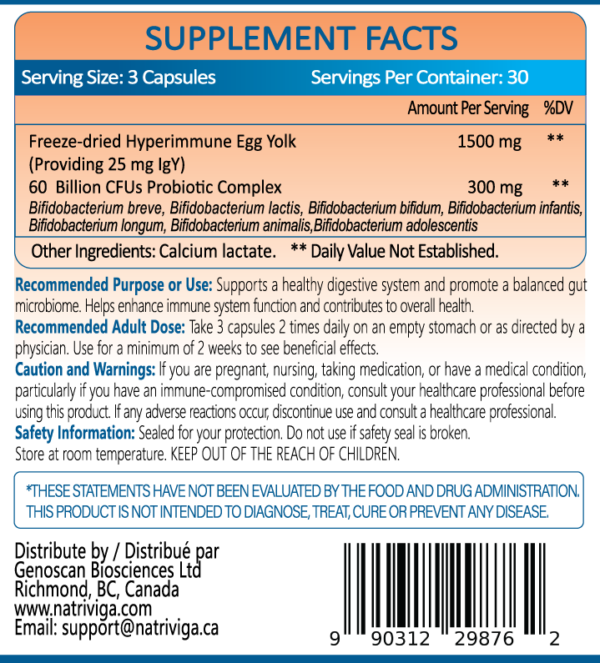 Supplement Facts of Natriviga HeliClear IgY + Probiotics for gastrointestinal health support.