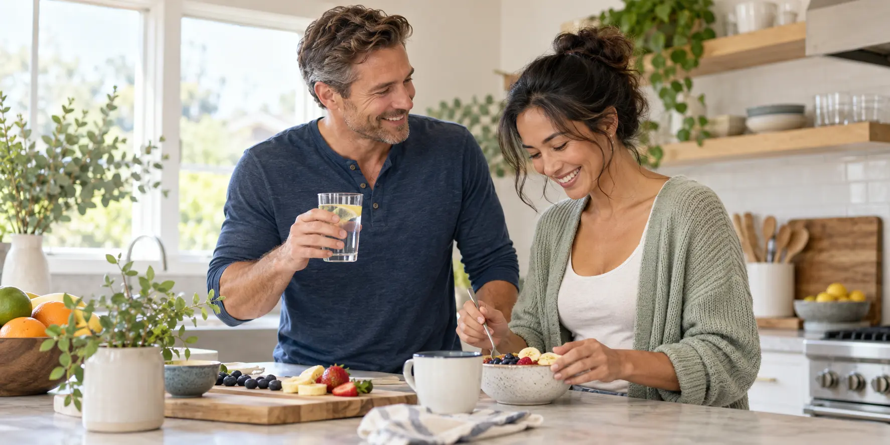 Adults sharing a morning routine at home