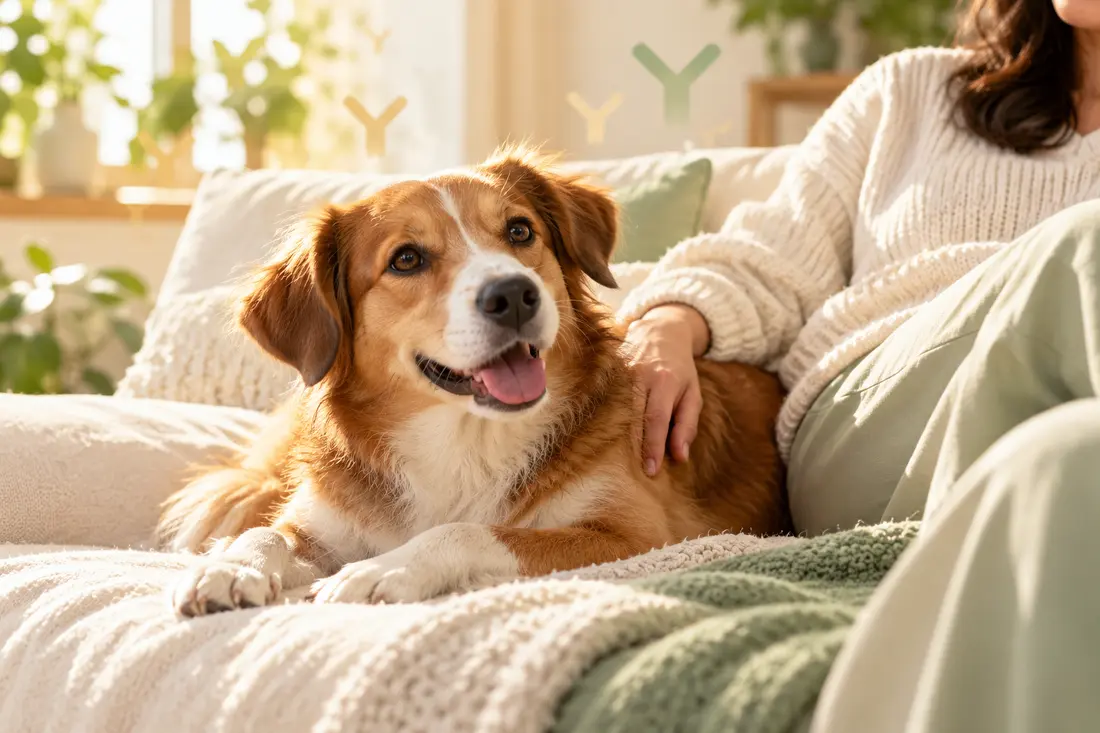 Dog relaxing at home with its person
