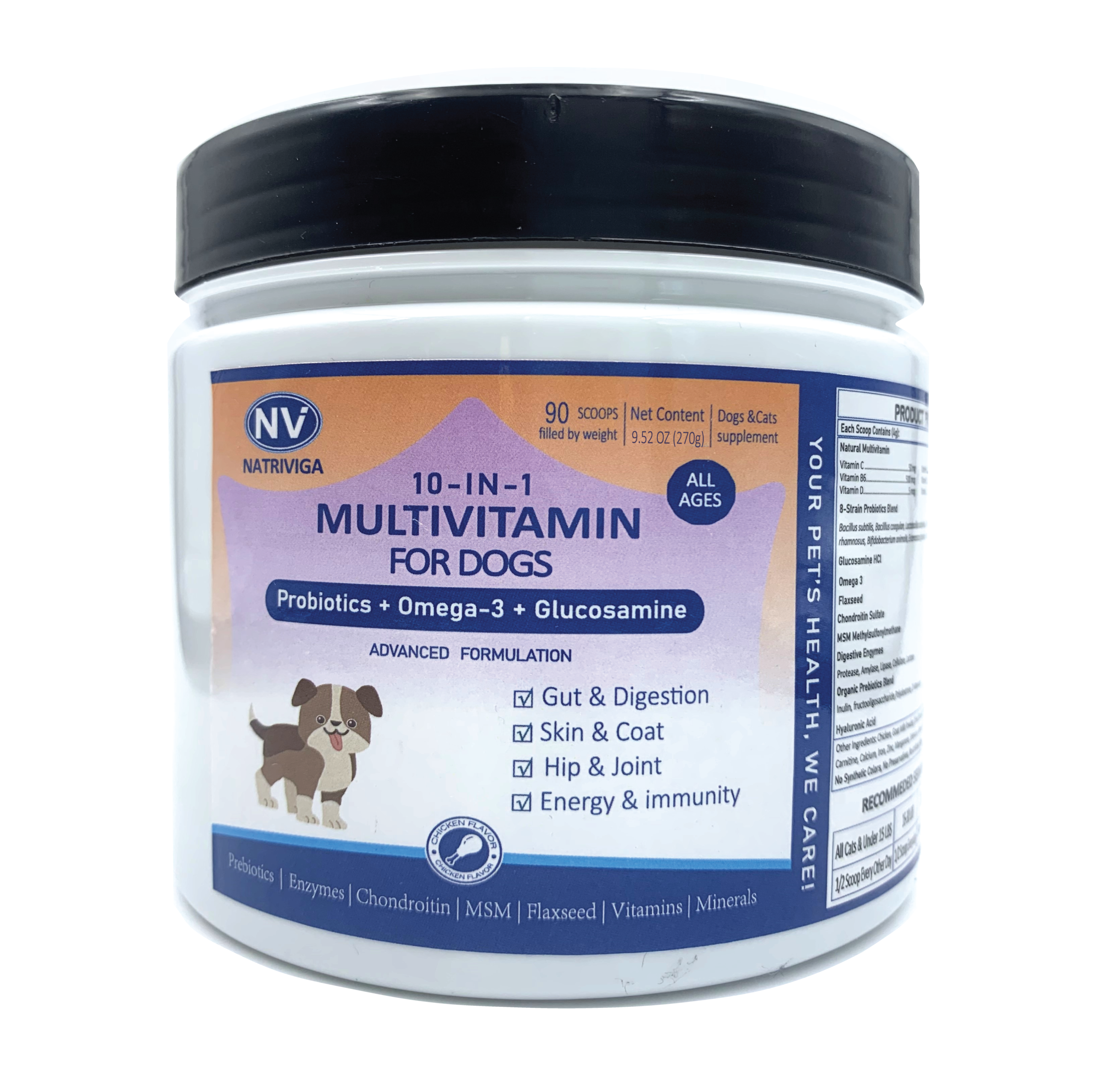 Front label of Natriviga 10-in-1 Multivitamins for Dogs, supporting overall canine health.