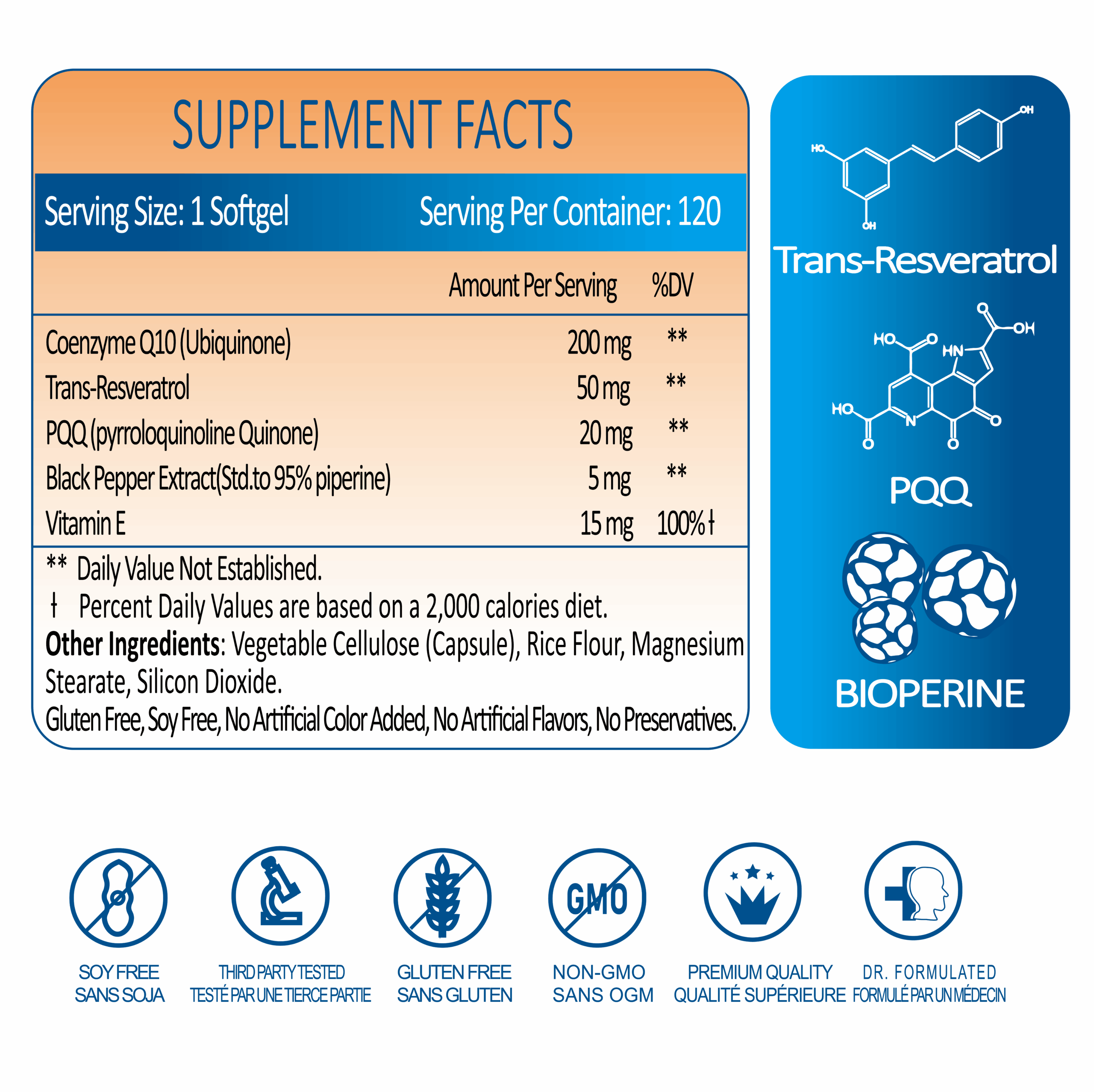Supplement facts of CoQ10 200mg Plus trans-reveraltrol with Vitamin E