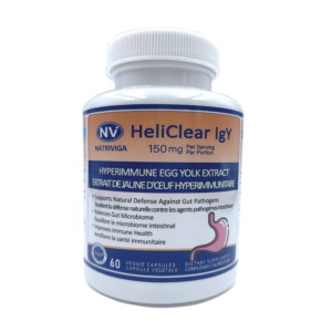 Front label of Natriviga HeliClear IgY Tablets, designed to support gastrointestinal health.