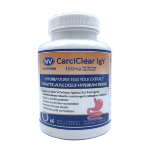 Front label of Natriviga CarciClear IgY Capsules for immune support.