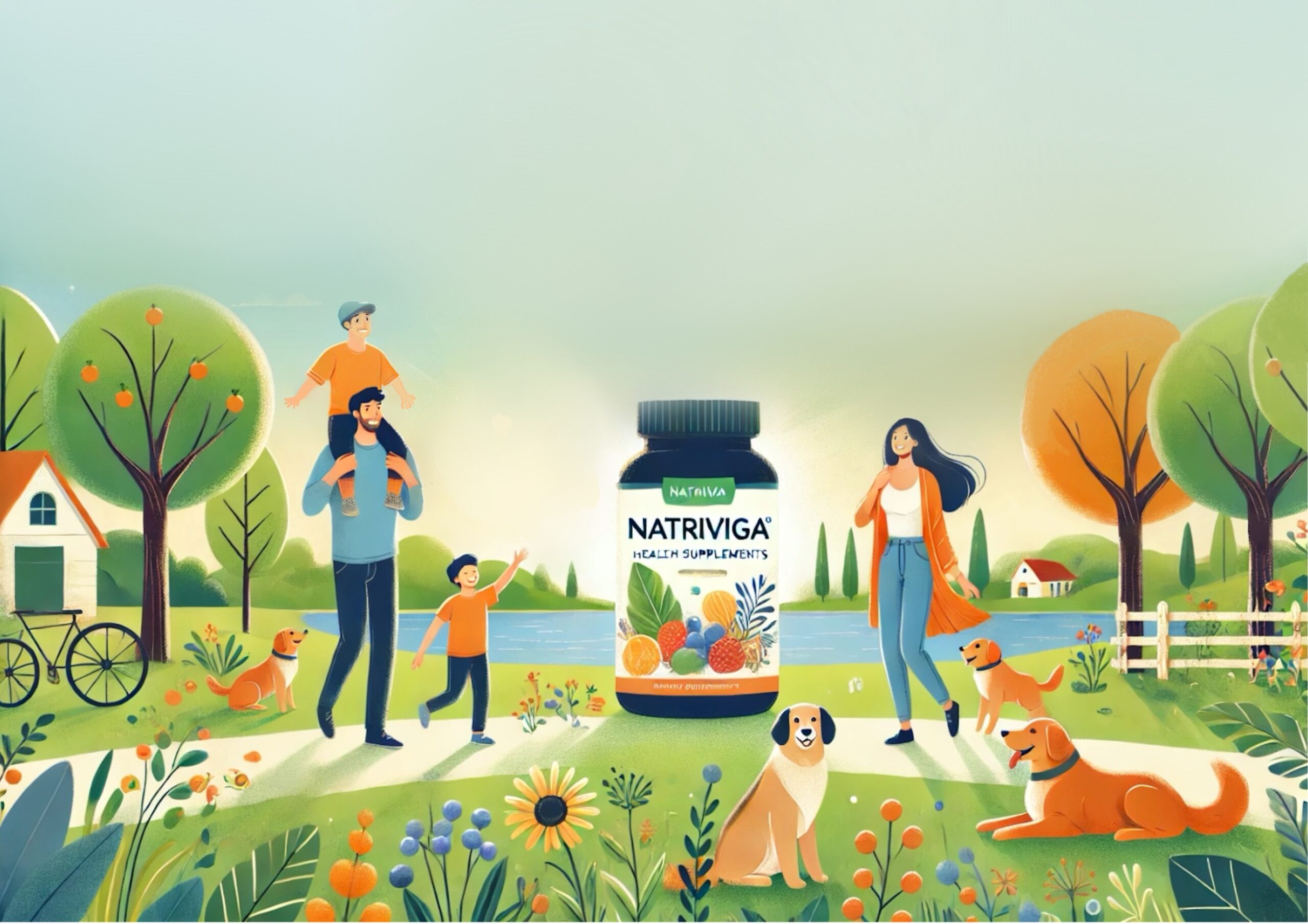 A family enjoying time with their pet at a lakeside park, emphasizing connection with nature.
