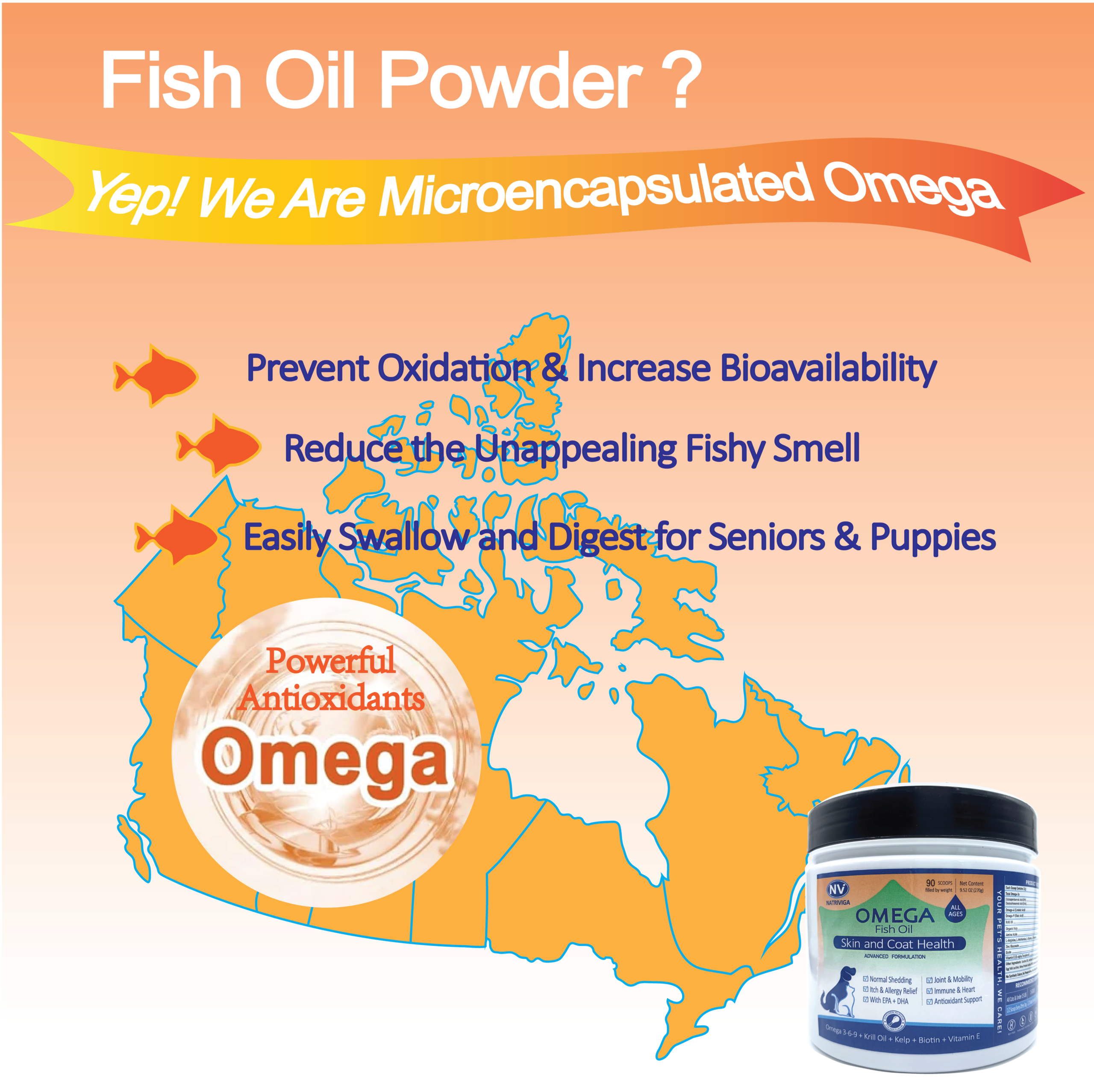 The image features the fish oil powder of Natriviga's Omega 3, 6, 9 for Dogs, formulated to support overall canine health. This supplement provides essential fatty acids that promote healthy skin, a shiny coat, and optimal joint function. Ideal for pet owners looking to enhance their dog's diet and improve their quality of life.