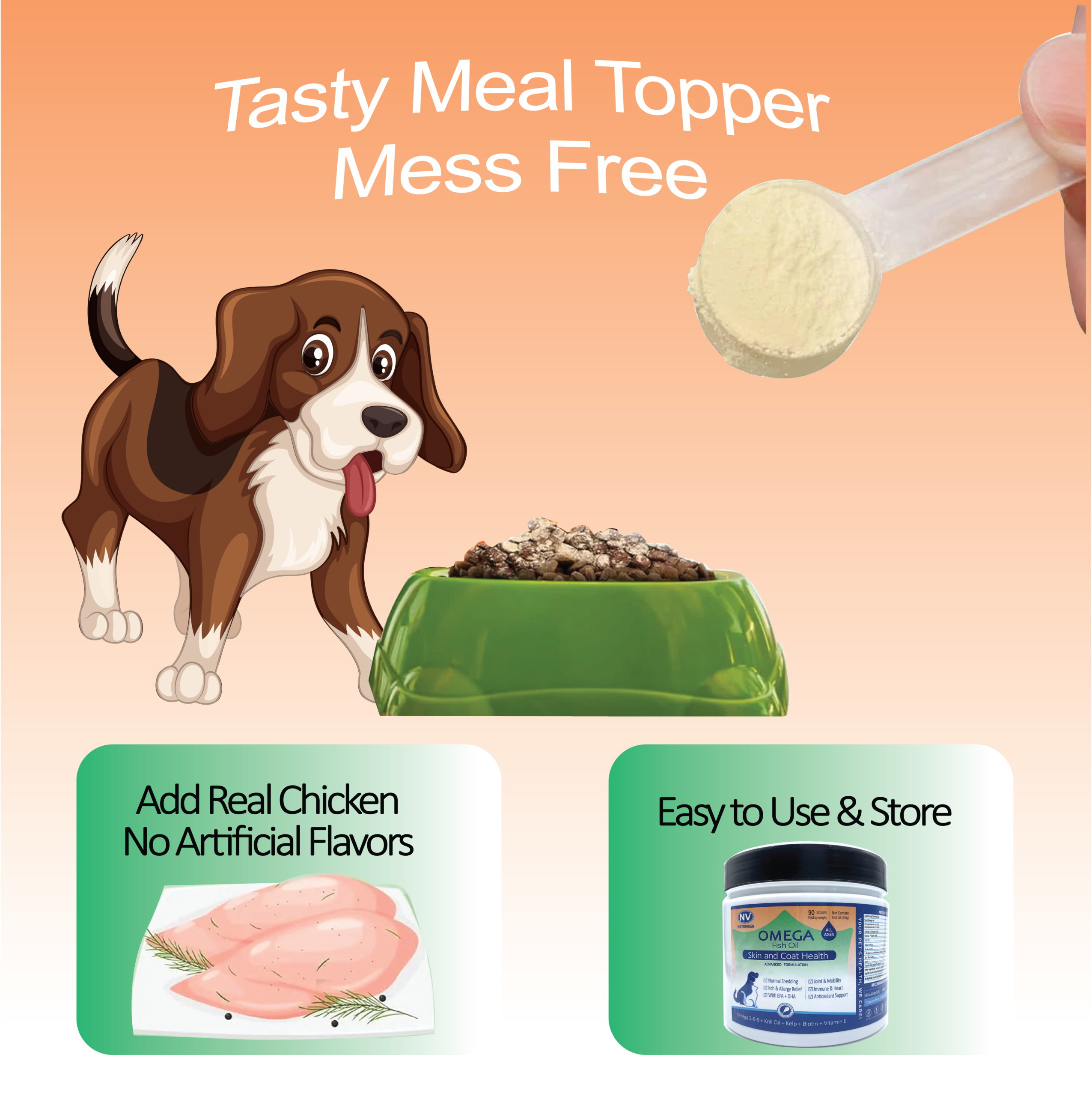 The image features the fish oil powder of Natriviga's Omega 3, 6, 9 for Dogs, formulated to support overall canine health. This supplement provides essential fatty acids that promote healthy skin, a shiny coat, and optimal joint function. Ideal for pet owners looking to enhance their dog's diet and improve their quality of life.