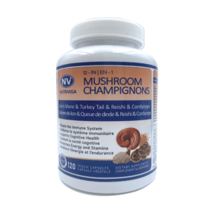 Front label of Natriviga 12-in-1 Super Formula Mushroom Extracts, a blend of various mushroom species.