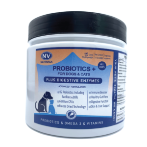 Front label of Natriviga Probiotics for Dogs, a supplement for digestive health.