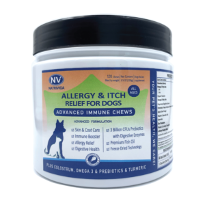Front label of Natriviga Dog Allergy Relief Freeze Dried Chews with Probiotics and Colostrum.