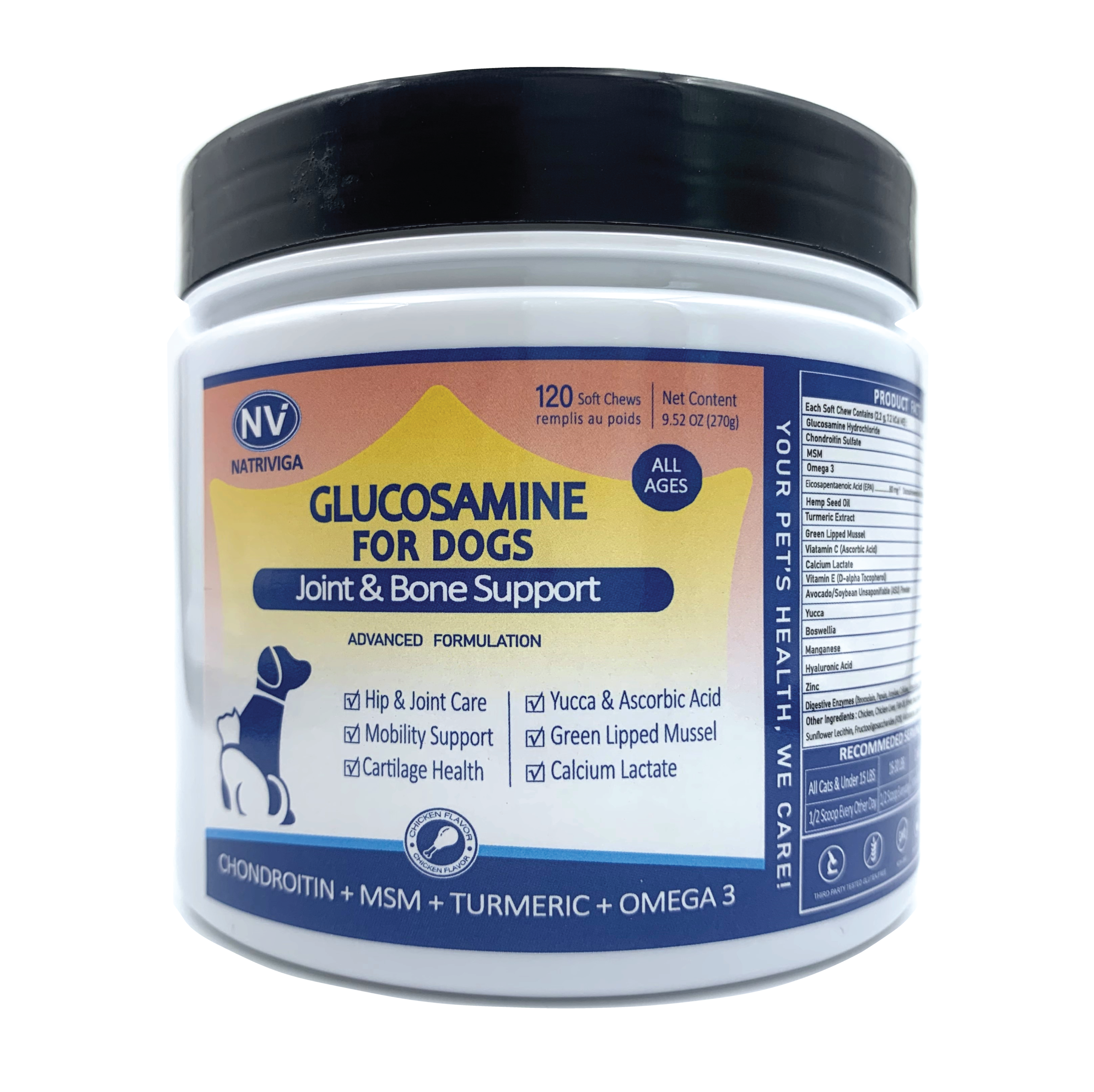 Front label of Natriviga Glucosamine for Dogs, designed for joint health.