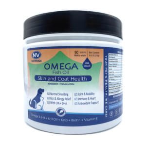 Front label of Natriviga Omega 3, 6, 9 for Dogs, promoting healthy skin and coat.