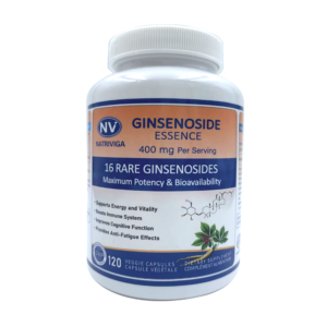Front label of Natriviga Ginsenoside Essence (Ginseng Extract) bottle, showcasing the product’s benefits for energy and vitality.