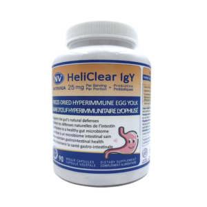 Front label of Natriviga Heliclear IgY plus Probiotics for gastrointestinal health support.